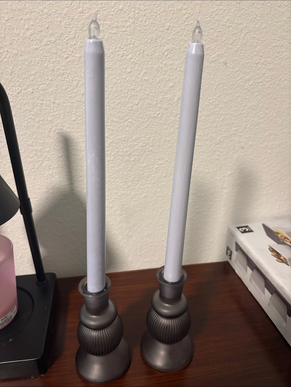 Matte Gray Ribbed Glass Candle Holders - Set of 2 - Picture 2 of 2